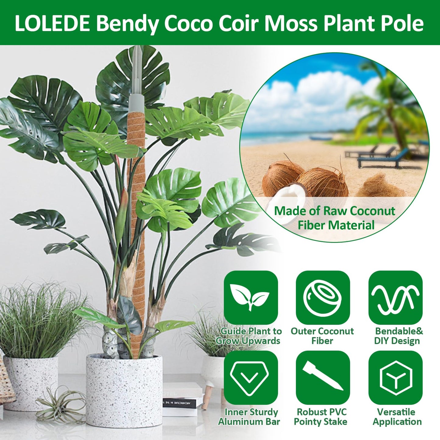 LOLEDE 4 Pack Moss Pole, 27.5 Inches Bendable Coco Coir Poles Monstera Plant Support for Climbing Indoor Plants, DIY Plant Stakes Kit Support for Pothos, Philodendron,Potted Plants