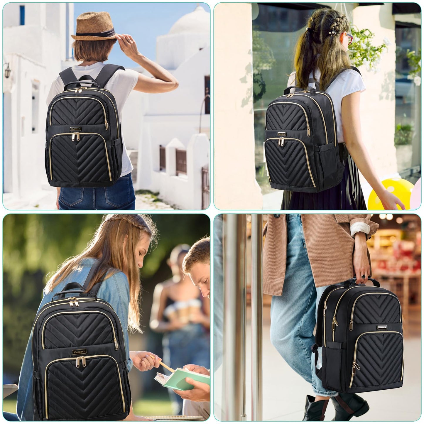 Kuosdaz Laptop Backpack for Women, School Backpack for Teen Girls, 15.6 Inch Quilted Work Backpack Purse, Large Anti-theft Bookbag for Students, Casual Daypacks for Women,Black