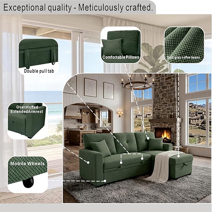L Shaped Sectional Couch with Storage and Pull Out Bed, 3 Seater Sleeper Sofas