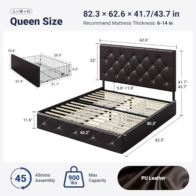 Allewie Upholstered Queen Size Platform Bed Frame