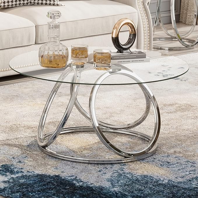 O&K FURNITURE Silver Coffee Table, Modern Glass Coffee Table Living Room Table