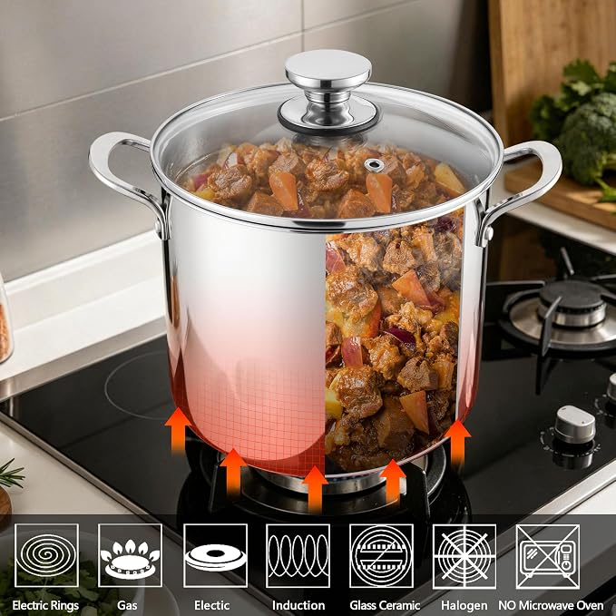 P&P CHEF 8 Quart Stainless Steel Stock Pot with Lid, Large Stockpot for Cooking Pasta Soup, Cookware for Induction Gas Electric Stoves, Visible Lid & Measuring Markings, Dishwasher Safe