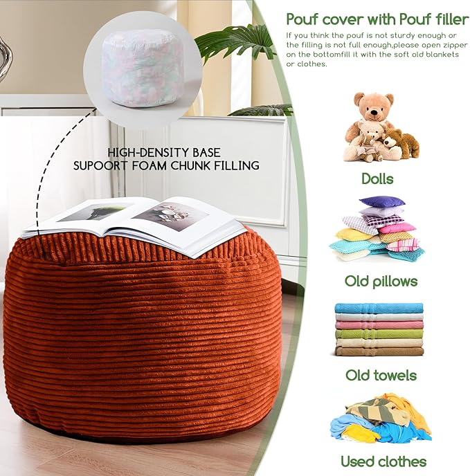HIGOGOGO Round Stuffed Pouf Ottoman, Corduroy Poufs