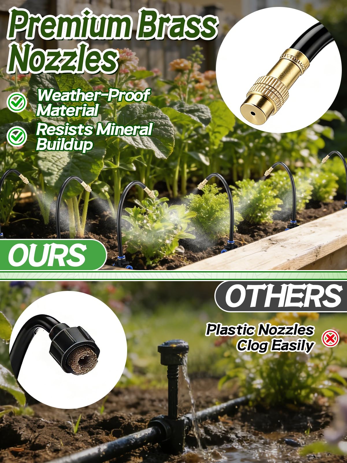49ft Drip Irrigation System - Includes 15pcs 360° Adjustable Copper Nozzles, 5/16" PE Tubing, 1/2" & 3/4" Faucet Adapters, Automatic Garden Watering Sprinkler System Kit for Raised Bed Plants Lawn