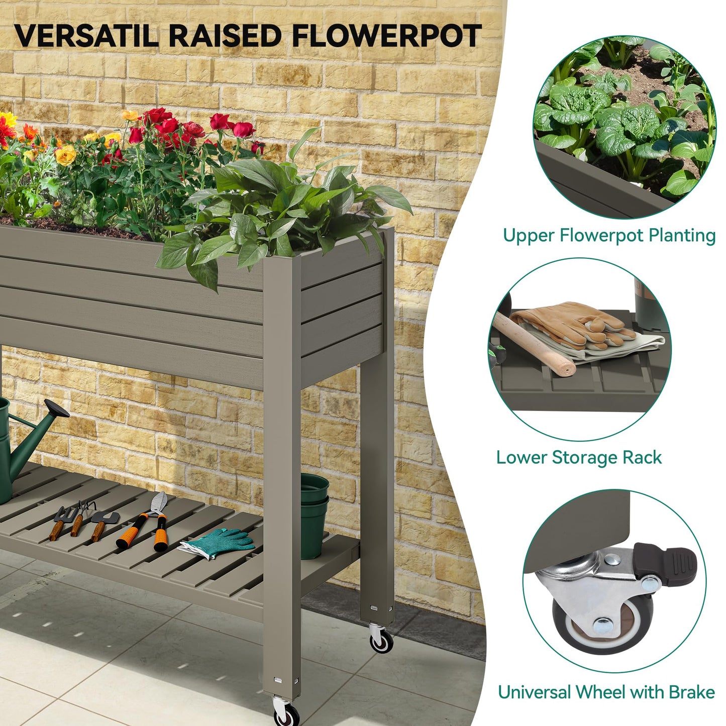YITAHOME 3.6x1.5x2.8 FT Elevated Garden Bed Kit with Legs and Wheels, Outdoor Large Resin Planter Box Stand with Drain Plug and Storage Shelf for Plants Vegetables Fruits, Light Brown
