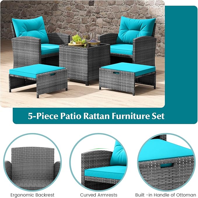 Tangkula 5 Pieces Patio Conversation Set, PE Wicker Rattan Outdoor Furniture Set