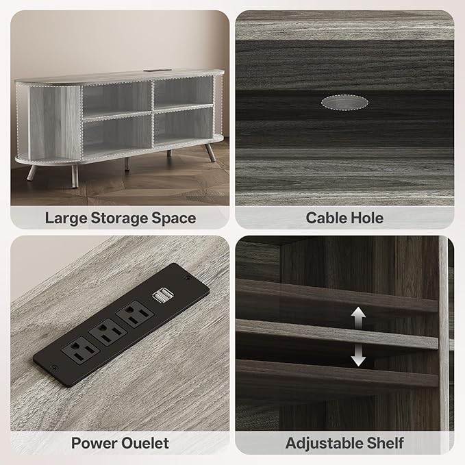 63 inch TV Stand with Power Outlet, Fluted Entertainment Center