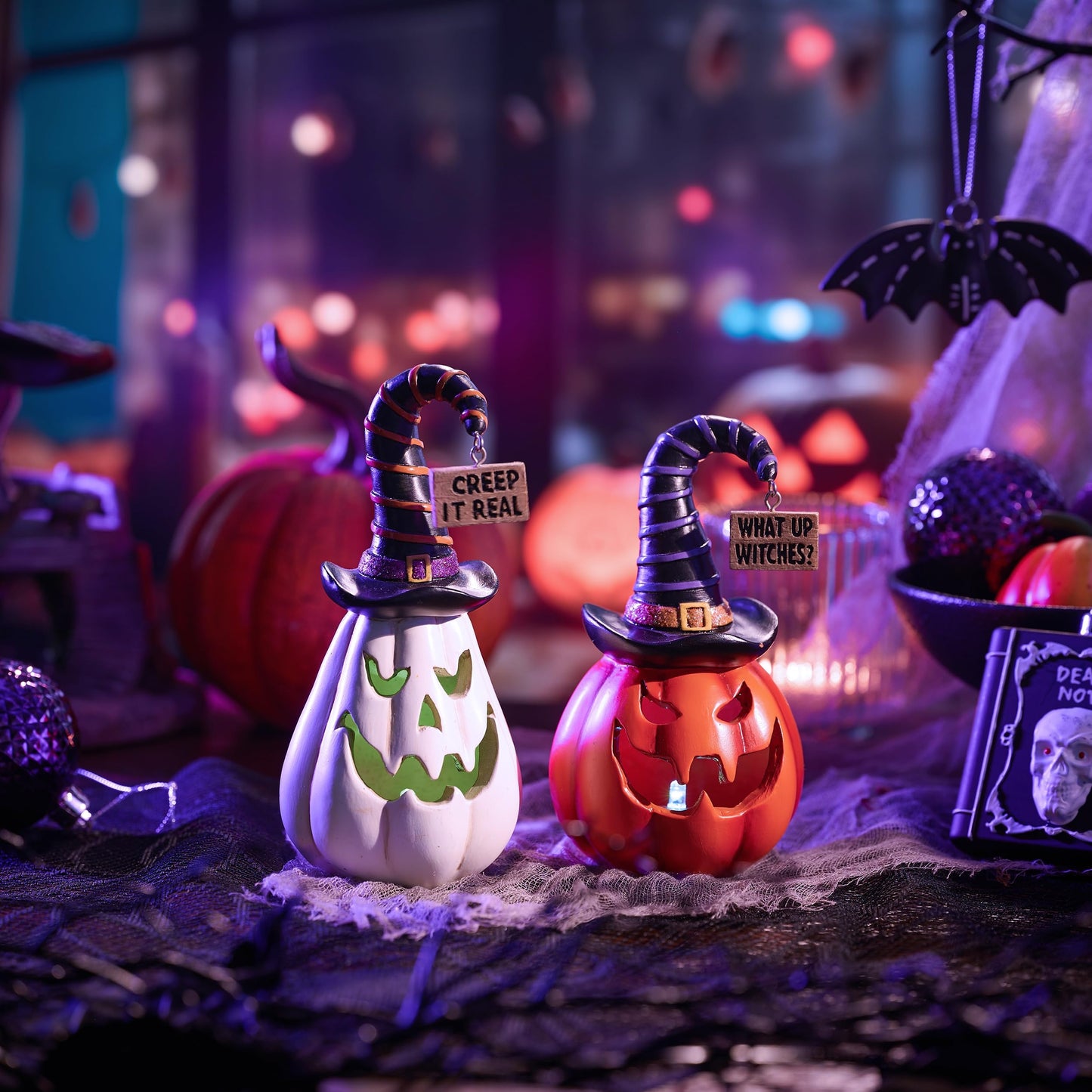 Valery Madelyn Pumpkin Halloween Decorations Indoor for Home, 2Pcs Resin Halloween Figurines with Light, White and Orange Jack o Lantern Decor with Witch Hat for Table Tiered Tray, 6.5" Tall