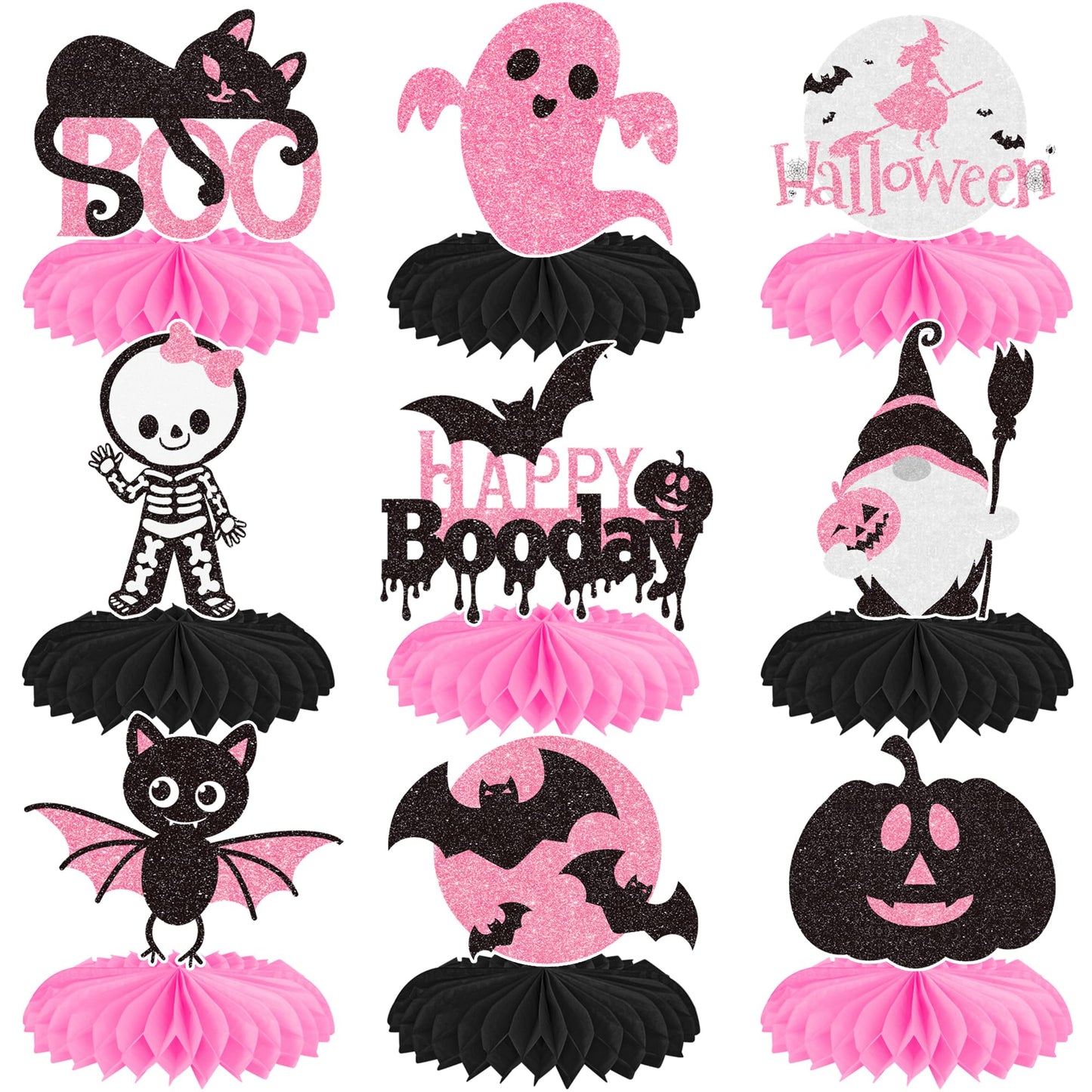 Halloween Happy Boo Day Honeycomb Centerpieces 12PCS Pink Black Little Boo Baby Shower Decorations Halloween Birthday Party Table Centerpieces Ghost Pumpkin Decor for Gender Reveal Suuplies