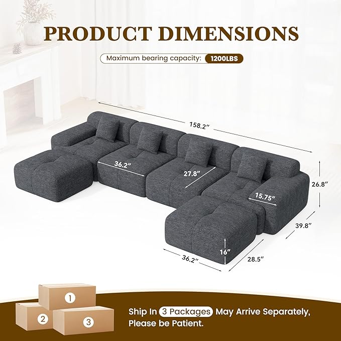 158" U Shaped Convertible Modular Couch, Cloud Couch Sectional