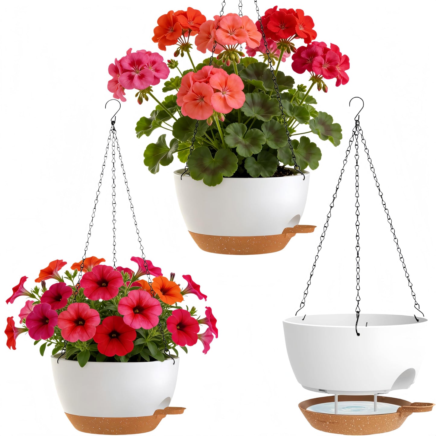 TESSTSY 3 Pack Hanging Planters for Indoor Outdoor Plants, 10 Inch Self Watering Hanging Pots for Plants, Plastic Hanging Flower Baskets for Plants Hanger with Drainage and Tray, Chain (White Brown)