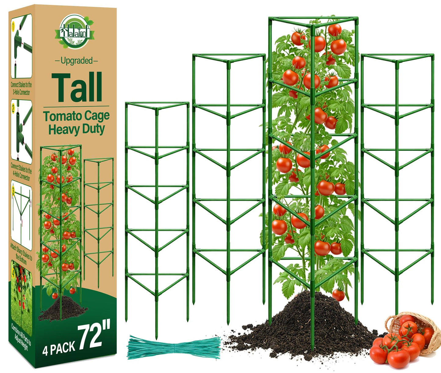Halatool 72 Inch Tall Tomato Cages Heavy Duty, 4 Pack Metal Adjustable Plant Support Stakes for Pots, Large Trellis for Garden Climbing Vegetables Cucumbers Flowers Fruits