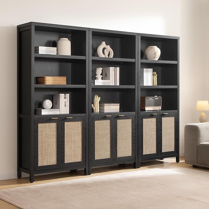 SICOTAS Bookcase 71" Tall Bookshelf 5 Tier Rattan Boho Bookcase