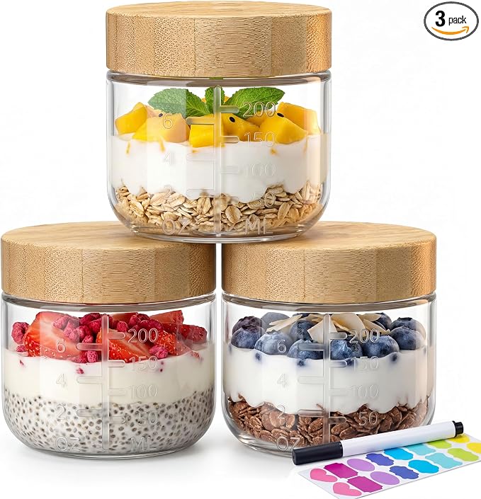 8oz Glass Jars with Airtight Lids - 3 Pack Overnight Oats Containers with Bamboo Lids, Small Food Containers with Measurement for Yogurt, Salad, Chia, Wide Mouth Mason Jar with Lid for Food Storage