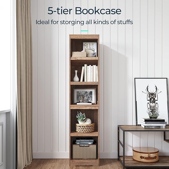 LINSY HOME 5-Shelf Bookcase, Narrow Bookshelves Floor Standing Display Storage