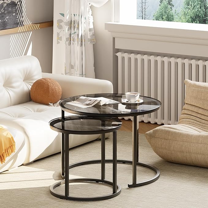 aboxoo Nesting Coffee Table Grey Glass Table Set of 2, Small Round Glass