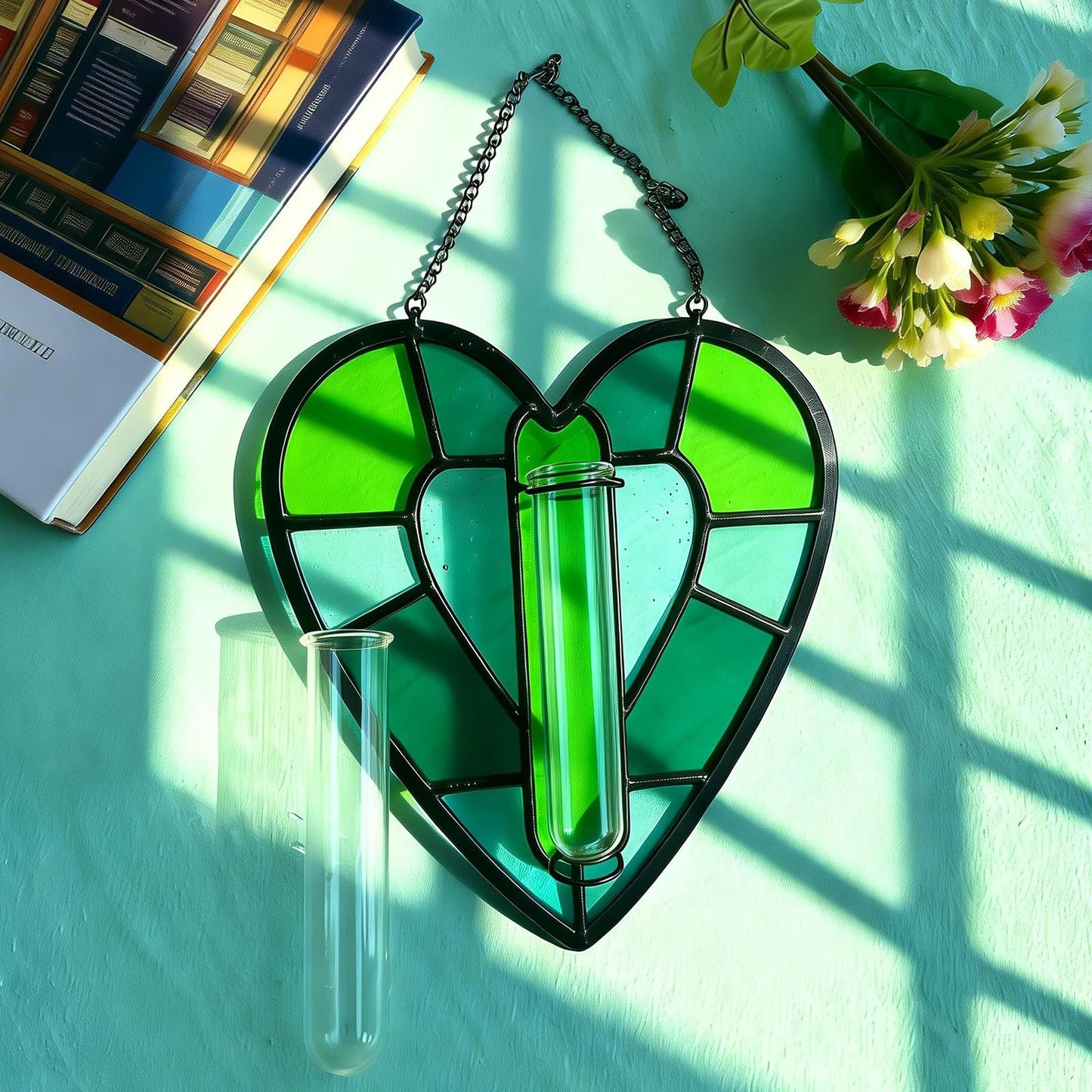 Stained Glass Plant Propagation Station, Handmade Suncatchers Window Hanging Decor, Hanging Hydroponic Planter Terrarium with 2 Glass Tubes for Mother's Day Home & Garden Decor, Green, Indoor Outdoor