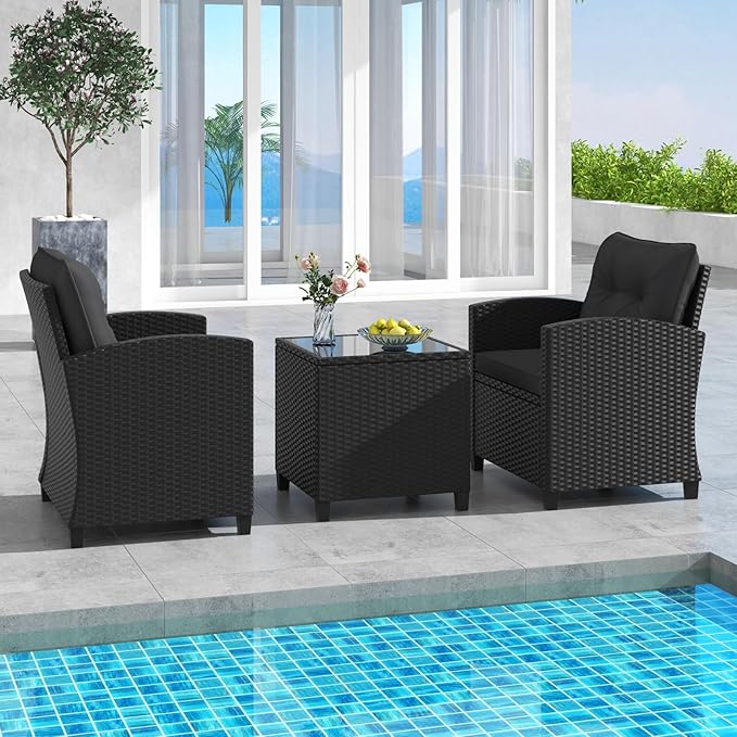 HAPPYGRILL 3 Pieces Wicker Patio Conversation Set, PE Rattan Bistro Sofa Set