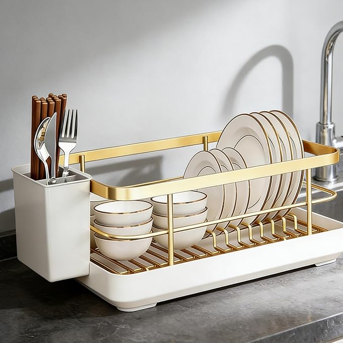 Dish Drying Rack for Kitchen Counter - Space-Saving Gold Dish Rack with Drip Tray & Cutlery Holder, Carbon Steel Removable Dish Drainer Rack