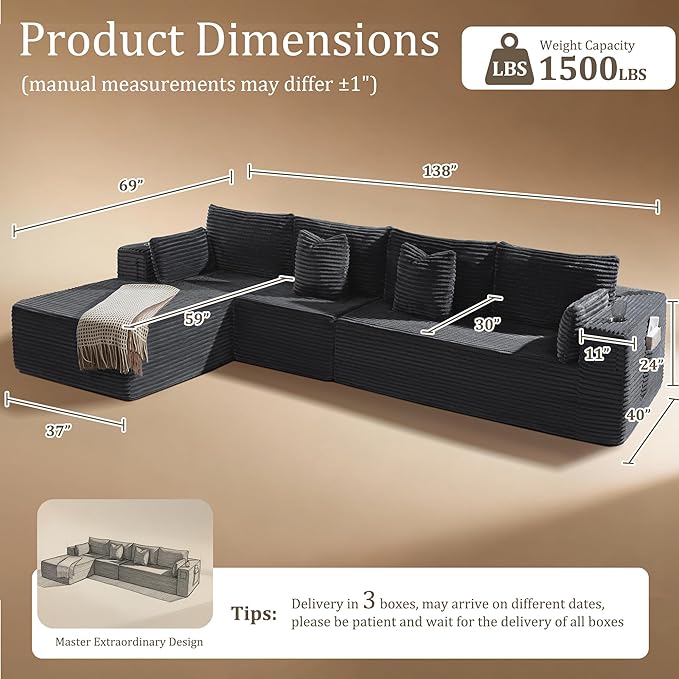 138" Oversized Cloud Sectional Couch, Comfort L Shaped Boneless Couch