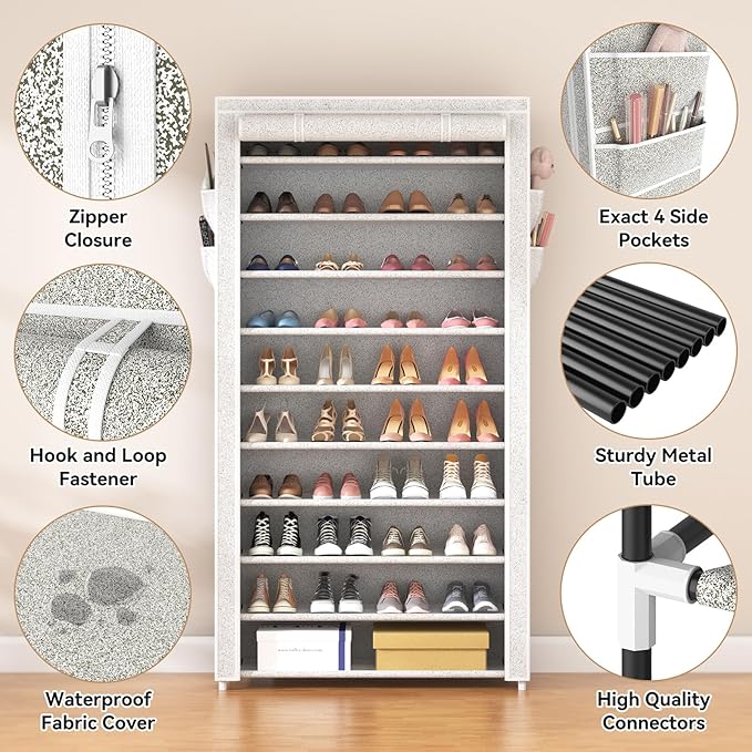 ROJASOP 10 Tier Shoe Rack with Covers Large Capacity Stackable Tall Shoe Shelf