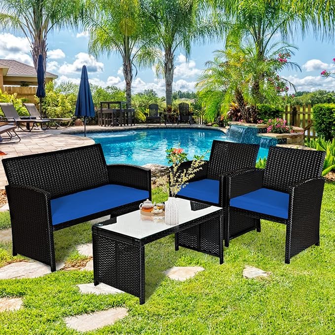 Tangkula 4 Pieces Patio Wicker Conversation Furniture Set, Patiojoy Sofa &