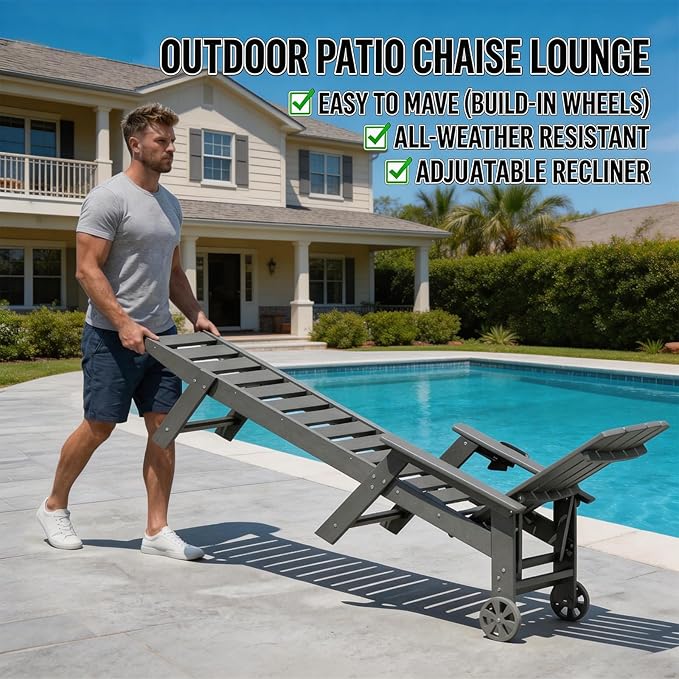 Outdoor Lounge Chair, HDPE 4-Position Adjustable Chaise Lounge Outdoor