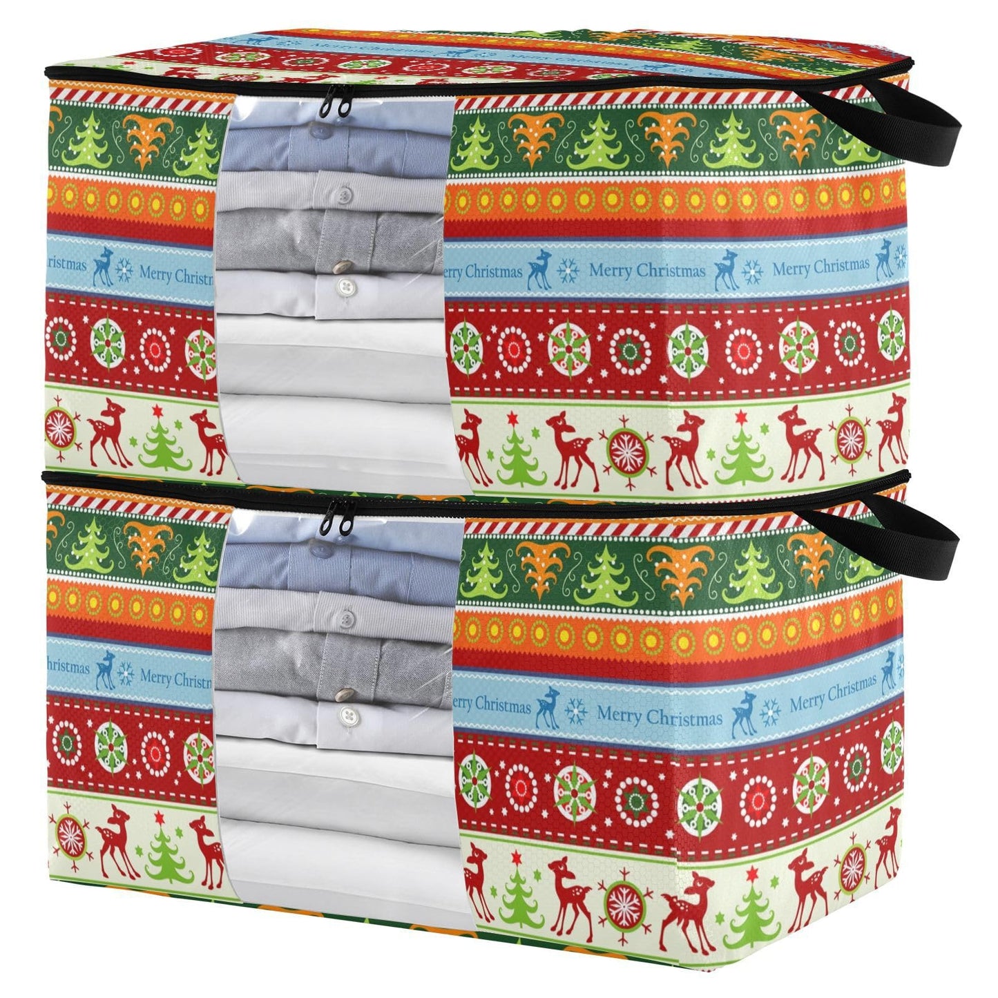 Christmas Clothes Storage Bag Foldable Storage Bin with Handle Zipper Clear Window Closet Organizer for Bedding Blankets 60L