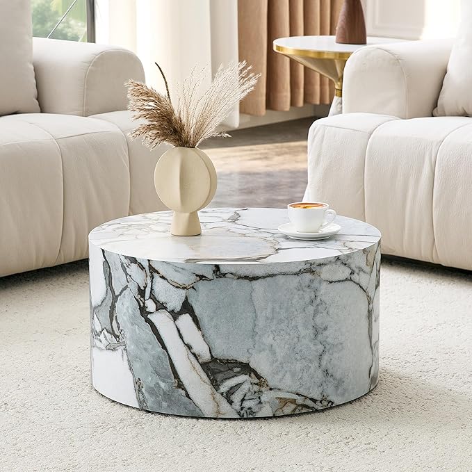 Round Coffee Table, 23.6" Modern Faux Marble Drum Coffee Table, Round Accent