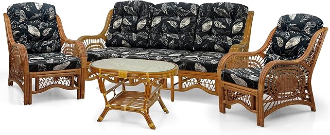 Malibu Lounge Set of 4: 2 Natural Rattan Wicker Chairs, Three-Seater Sofa and