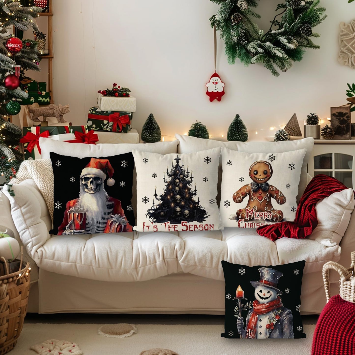 QIONG MENG Christmas Pillow Covers 18x18 Inch Set of 4 Gothic Skull Snowman Pillowcase Halloween Xmas Black and White Throw Pillow Covers Home Sofa Living Room Decorative Cushion Case