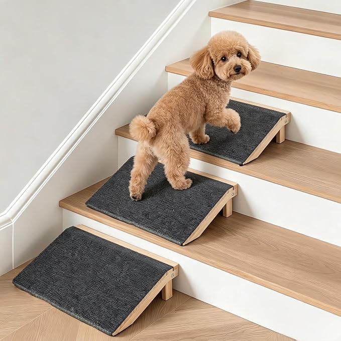 Adjustable Height Dog Ramp for Stairs (11cm/14cm), 3-Pack Solid Wood Pet Stair Ramp with High Traction Carpet, Indoor Dog Step for Small Breeds, Senior Dogs & Cats