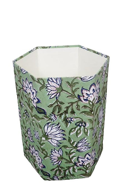 3.3 Gallon Cotton Hand Block Printed Paper Waste Basket |Small Decorative Trash Can for Housewarming Gifts in Living Room, Bedroom, Bathroom | Eco-Friendly, Plastic-Free (1, L Green Blue FLOWAR)