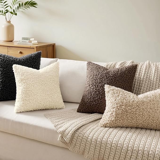 Faux Fur Throw Pillow Covers 18x18 Inch Set of 2 Boucle Neutral Decorative