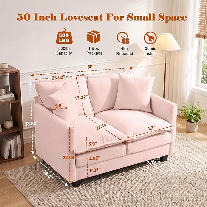 Loveseat Sofa Cloud Sofa Couch 50'', Modern Loveseats 2 Seat Couch 27" Deep Seat