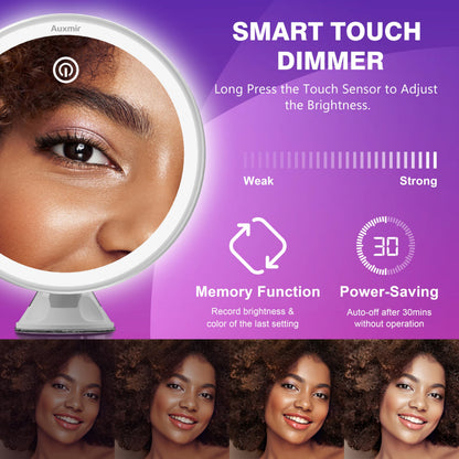 Auxmir 2025 Upgraded 30X Magnifying Mirror with Light, Makeup Mirror with 2-Level Lights, Vanity Mirror with Power Suction Cup and Tweezers, 360° Swivel, Portable Bathroom Mirror for Home Travel