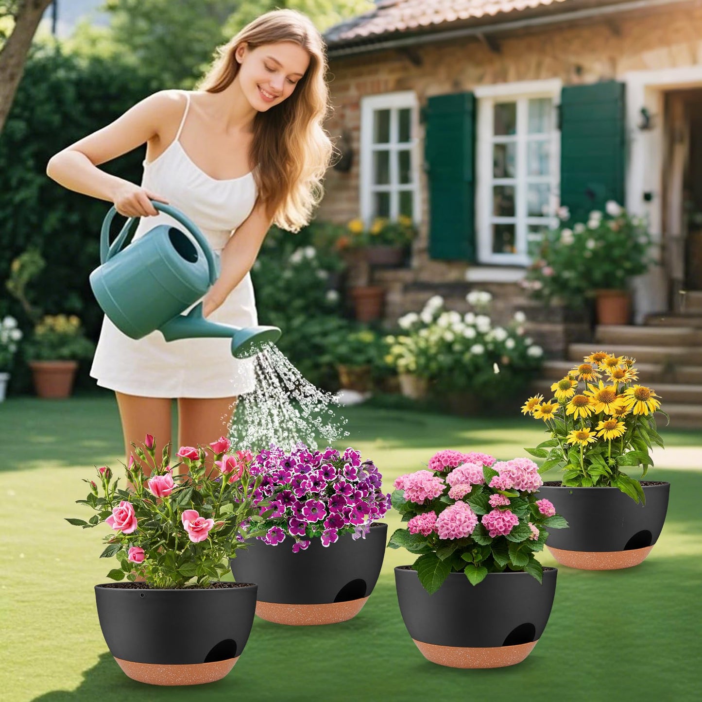Vanslogreen Plant Pots 12inch Self Watering Pots, Set of 2 Plastic Planters with Drainage Holes and Saucers, Flower Pots for Indoor Outdoor Plants (Black)