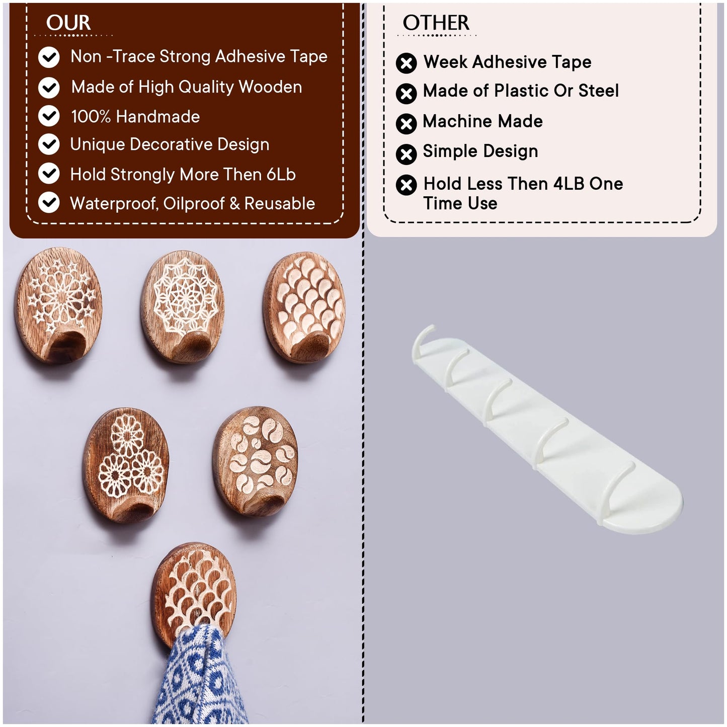 Indian Shelf 6 Lb Decorative Wood Adhesive Wall Hooks–Boho Peel and Stick Hooks for Keys, Hats, Towels, Bags & Entryway Decor, Self Adhesive Wall Mounted Hooks for Home Organization -6 Pieces