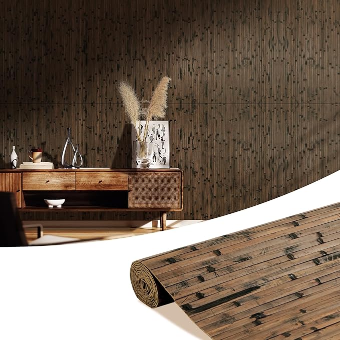 OUZUGIE 1 Pack 96x48 Inch Natural Bamboo Wall Panel – Brown Burned Pole Wrap