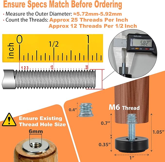 M6 Adjustable Furniture Leveler, 12 Pack Rubber Leveling Feet Screws in Threaded
