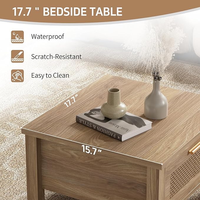 Rattan Nightstand Set of 2, Natural Style Night Stand
