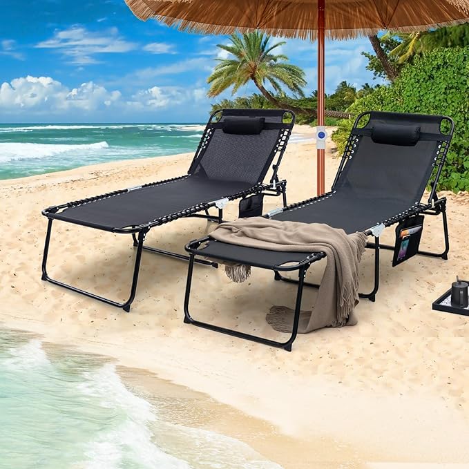 GYMAX Lounge Chair for Outside, 440lbs 27” Oversize Folding Beach Tanning