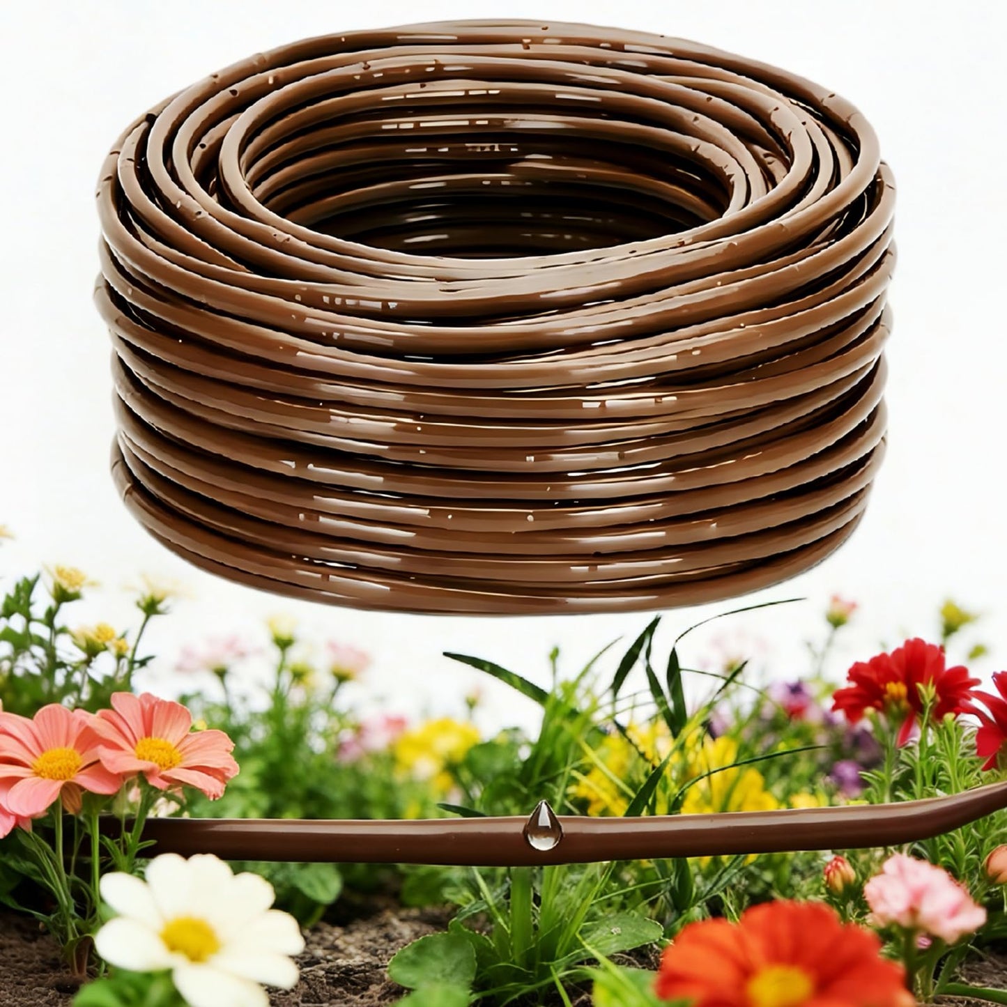 1/4" Drip Irrigation Tubing with 6" Emitter Spacing, (250 Ft Roll) Hydroponics Dripline with Built-in 0.5 GPH Dripper, Drip Line for Vegetation, Window Boxes and Garden (Brown)