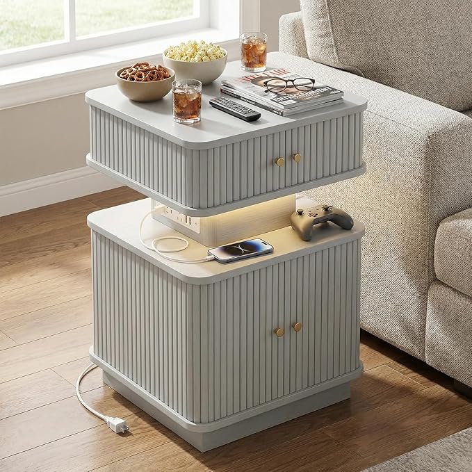 Nightstands Set of 2 with Charging Station, Modern Night Stands Set 2 with