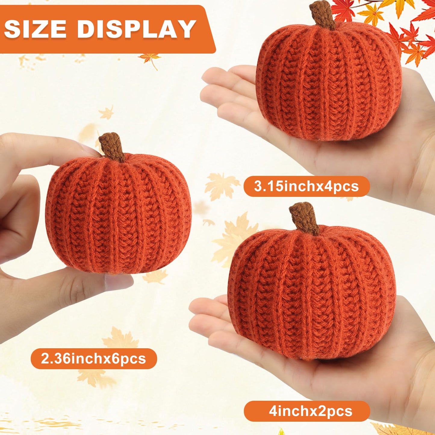 12-Pack Fall Crochet Pumpkins Handmade Fall Decor Set with 2.36, 3.15, 4inch Sizes Knit Pumpkins Farmhouse Thanksgiving Table Centerpiece, Halloween Decorations (Dark Orange)
