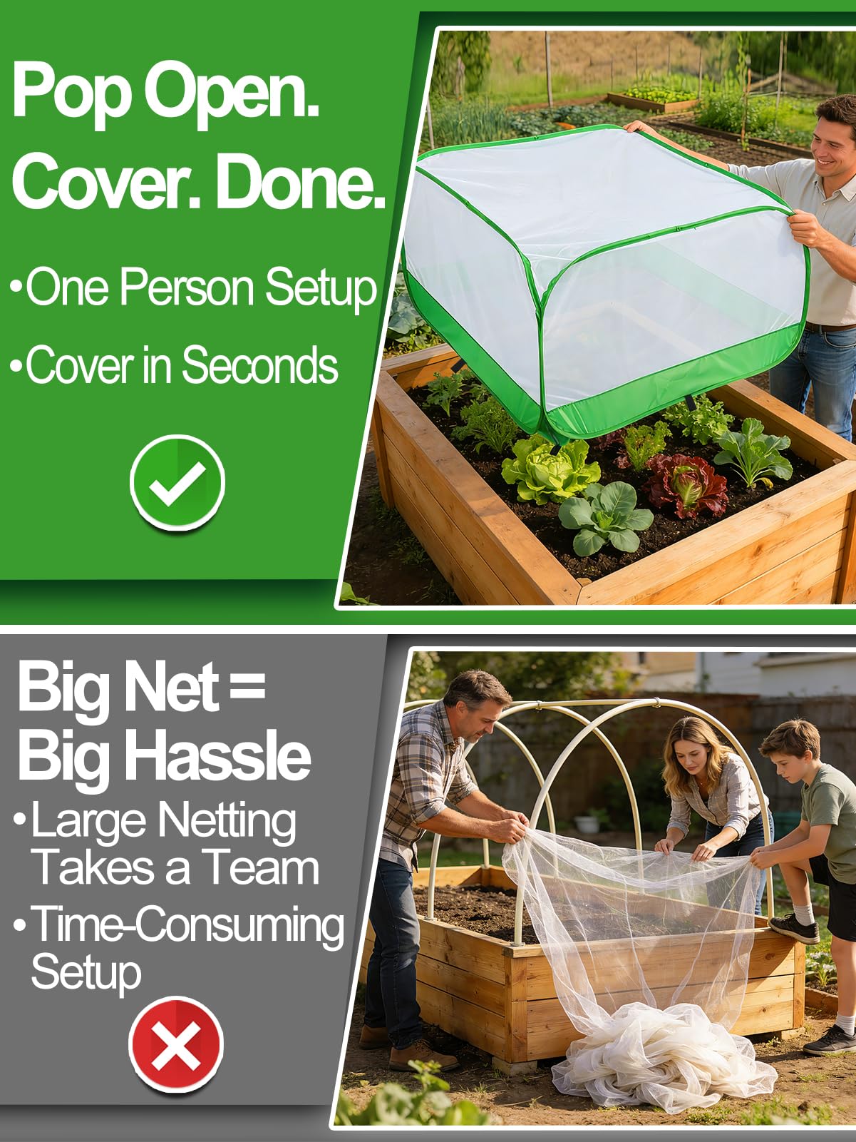 Pop Up Garden Netting for Square Raised Beds - 3.3'L x 3.3'W x 1.65'H Ultra Fine Mesh Net Plant Cover with 8 Stakes, Protection for Vegetables Fruit from Birds Pests