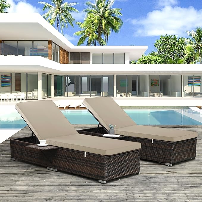 Outdoor Chaise Lounge Cushion Set of 2, Fadesafe Water-Repellent Lounge Deck