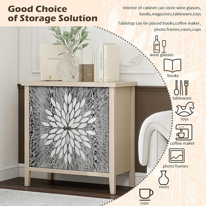 Black Accent Furniture, 32 Inch Wide 2-Door Carved Geometric Sideboard Buffet