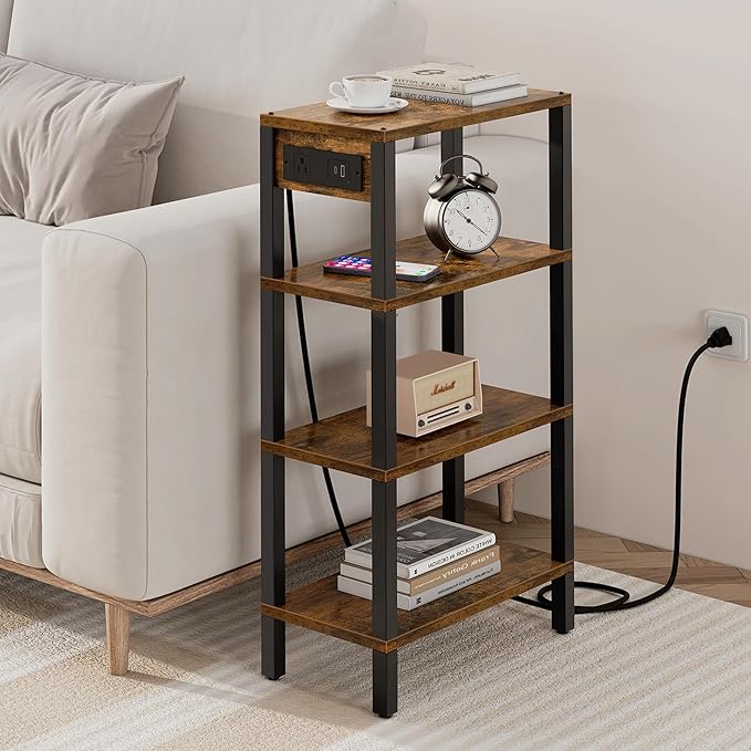 TUTOTAK Narrow Side Table with Charging Station, Small End Table with USB Ports