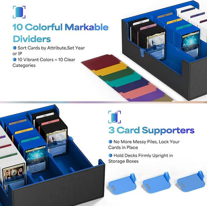 UAONO Trading Card Storage Box, Holds 1800 Sleeved Cards with 10 Dividers & 3 Stoppers, Magnetic Closure PU Leather Card Case for MTG, PTCG, YGO, Sports Cards (Black&Blue)